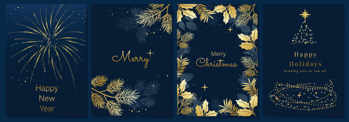 Wall Mural - luxury gold happy holiday invitation card design vector. christmas tree, leaves, holly, firework wit