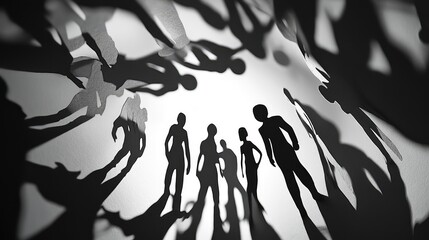 Paper cutout figures standing in a close circle, leaning forward, shadows forming a pattern of togetherness