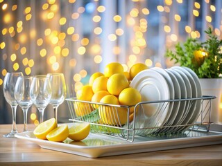 Clean Plates and Glasses in a Dish Drying Rack with Fresh Lemons on a White Table, Bokeh Effect Capturing Indoor Serenity and Freshness