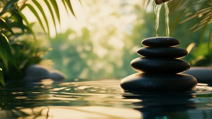 Tranquil water spa surface with black lava stones and spa and wellness concept.