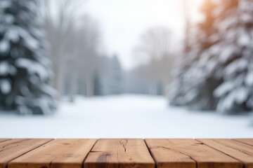 empty wooden table with a blurred winter background