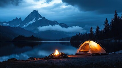 Wall Mural - camping by the lake at dusk, illuminated tent and serene mountain backdrop.