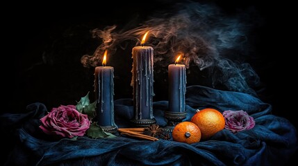 Mysterious Still Life with Candles and Oranges