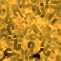 Fototapete - A digital scene with a random scattering of three-dimensional question marks illuminated by bright yellow light. Depth of field. 3d rendering illustration
