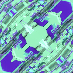 Leinwandbilder - Abstract symmetrical illustration of a piece of technological architecture dominated by contrasting blue and purple colors and geometric shapes. 3d rendering