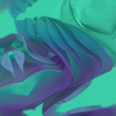 Fototapete - Magical waves of fabric in the wind with neon green-purple color gradient and depth of field. 3d rendering digital illustration