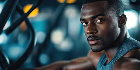 A dedicated African American man is engaging in physical fitness activities at a gym, showcasing concentration and commitment to his workout routine.