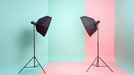 Two studio lights with softboxes are set up in a room with a green and pink backdrop.