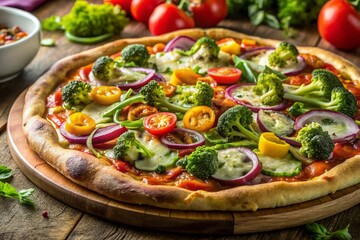 A pizza with a variety of vegetables on it, including tomatoes, onions