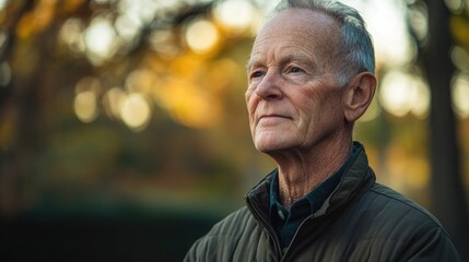 Aging man portrait captured in a natural setting, highlighting the features of an aging civilian with a serene expression, complemented by ample copy space for design use.