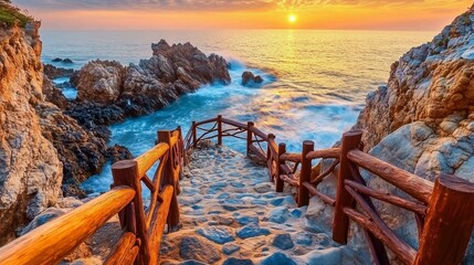 The stone steps leading to the sea in Haeundungang City, Korea at sunset, are surrounded by rocks and waves crashing against them.
