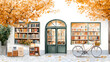 © Studios - Charming watercolor illustration of a cozy bookstore with a vintage bicycle parked outside