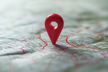 3D red location pin on map. Location point marker or navigation pin icon sign. Gps, navigation symbol, destination pointer marker, route sign, delivery address target.