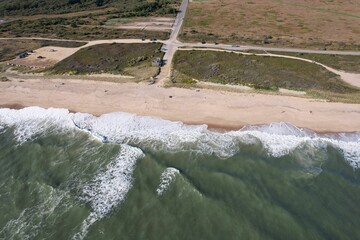 Aerial view of a beach and coastline.