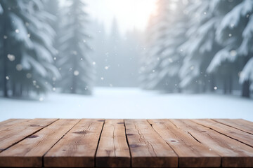 empty wooden table with a blurred winter background