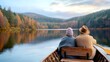 © nuiiko - Senior couple travel wealth freedom concept. A serene autumn scene of two people in a boat on a tranquil lake, surrounded by vibrant fall foliage and gentle mountains.