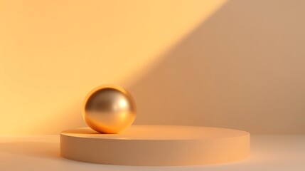 A shiny, golden sphere on a brown surface.