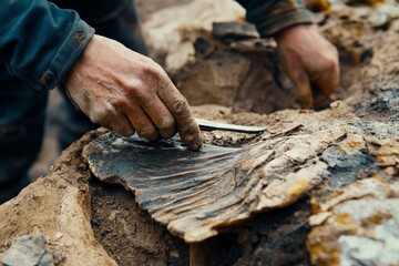 Aufkleber - A pair of hands gently reveal a fossil rib from sediment, highlighting the delicate and precise nature of fossil excavation work in paleontological research.