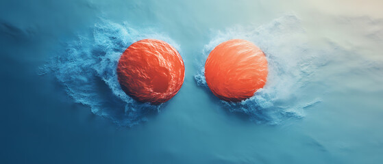 Abstract Art of Two Red Spheres Emerging from Blue Water