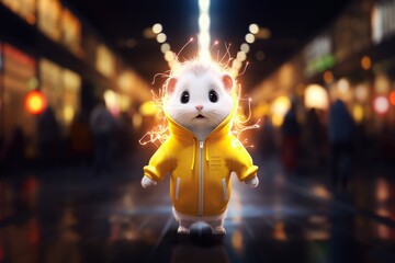 Digital illustration of a hamster wearing a yellow hoodie standing in a city at night with glowing lights. Fantasy character design.