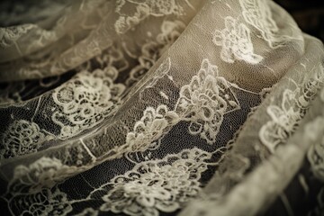 Aufkleber - A detailed capture of soft beige lace fabric, showcasing a striking intricate floral motif, embodying sophistication and vintage allure in its artistic presentation.