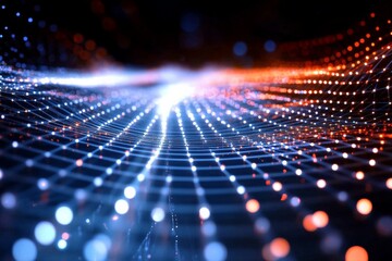 Fototapete - An imaginative artwork displaying a detailed grid of colored lights and dots, reflecting futuristic technology and dynamic motion in a vibrant setting.