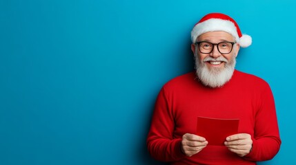 Wall Mural - Man wearing a red sweater and a Santa hat is holding a red card. He is smiling and he is happy