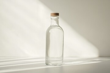 Aufkleber - A transparent glass bottle with a wooden cap basking in sunlight, casting intricate shadows on the surface, embodying purity and simplicity.