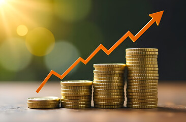 Stacked coins with rising graph line