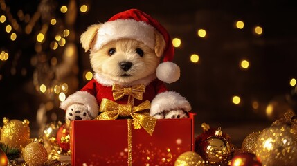 Poster - Festive plush puppy dressed as Santa, sitting inside a red box with golden bows and surrounded by glittering Christmas lights and ornaments, creating a warm holiday scene,