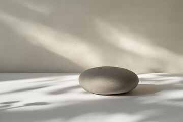 Poster - A single smooth, rounded stone sitting placidly in gentle light and shadow, creating a minimalist composition that evokes tranquility and contemplation.