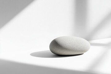 Poster - A single textured stone placed in bright lighting, its round shape casting distinct shadows, producing a simplistic yet striking artistic visual.