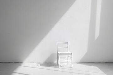 Aufkleber - A lone white chair sits in a sunlit room, enveloped by shadows and surrounded by bare white walls, evoking feelings of solitude and minimalist aesthetics.