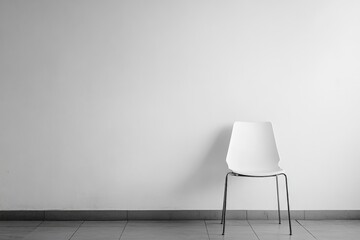 Poster - A simple white chair with metal legs placed against a plain white wall, emphasizing a minimalist aesthetic and creating a sense of solitude and simplicity.