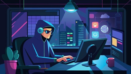 Hooded coder in dark room with cityscape and futuristic interface