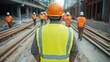 © Intelligent Horizons - Construction workers in reflective safety vests and hard hats collaborating to build a new highway overpass against the backdrop of a bustling urban skyline