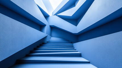 Blue stairway leading upward with geometric angles and sunlight illuminating the interior at an art installation