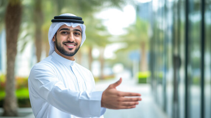 A smiling young male dressed in traditional attire gestures warmly in a studio setting during the afternoon light