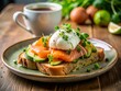 © Wanlop - Delicious Avocado, Salmon, and Egg on Toast Brunch Served with Coffee in a Cozy Cafe Setting, Capturing the Perfect Morning Vibes for Food Lovers and Brunch Enthusiasts
