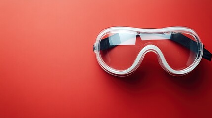 Safety goggles placed on a red background with copy space, emphasizing industrial safety