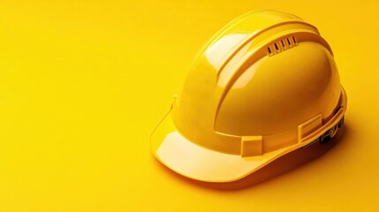 industrial hard hat in bright yellow, isolated on a solid yellow background with copy space