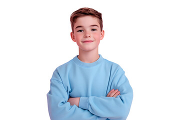 Wall Mural - Photo portrait of cute teen boy crossed hands confident dressed stylish blue clothes isolated on pink color background