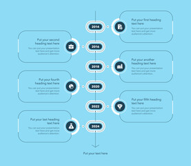 Aufkleber - Vertical timeline infographic template with six steps - blue version. SImple chart design with icons and thin lines for workflow layout, banner or web design.