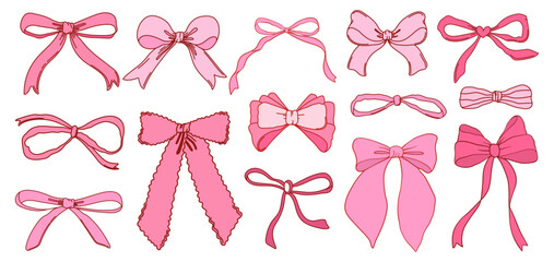 Set of coquette pink bow knots, gift ribbons. Trendy hair braiding accessories. Bow knots for gift wrapping, party decoration, present. Vector illustration.