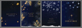 Fototapeta Panele - Luxury Happy Holidays invitation card design vector. Elegant Happy New Year card with leaves branch, gold foil texture on navy blue background. Design for Season's Greeting, christmas, cover, poster.