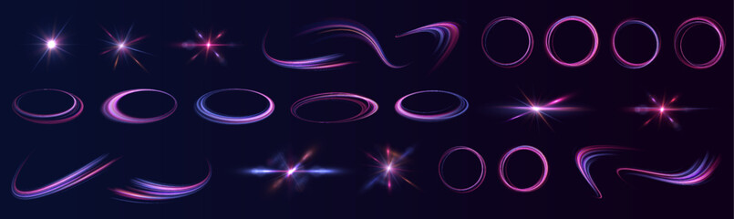 Fototapete - Big set of neon sparks, light trails, fire flashes, highway concepts, speed effects, stars and glare for holiday design.