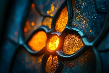 Aufkleber - A close-up of brightly colored stained glass with intricate patterns illuminated by a warm orange light, showcasing architectural artistry.