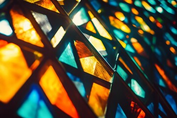 Aufkleber - This image features a colorful stained glass window with intricate abstract geometric patterns, dazzling with light reflections and bright hues.