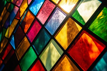 Aufkleber - A stunning display of colorful and vibrant stained glass with geometric patterns, this image captures the interplay of light, color, and form beautifully.