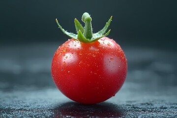 A single cherry tomato with water droplets on it, isolated against a dark grey background, in sharp focus.